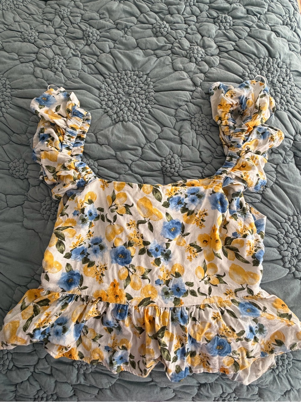 Floral Ruffle peplum Top - Yellow & Blue, Bow back